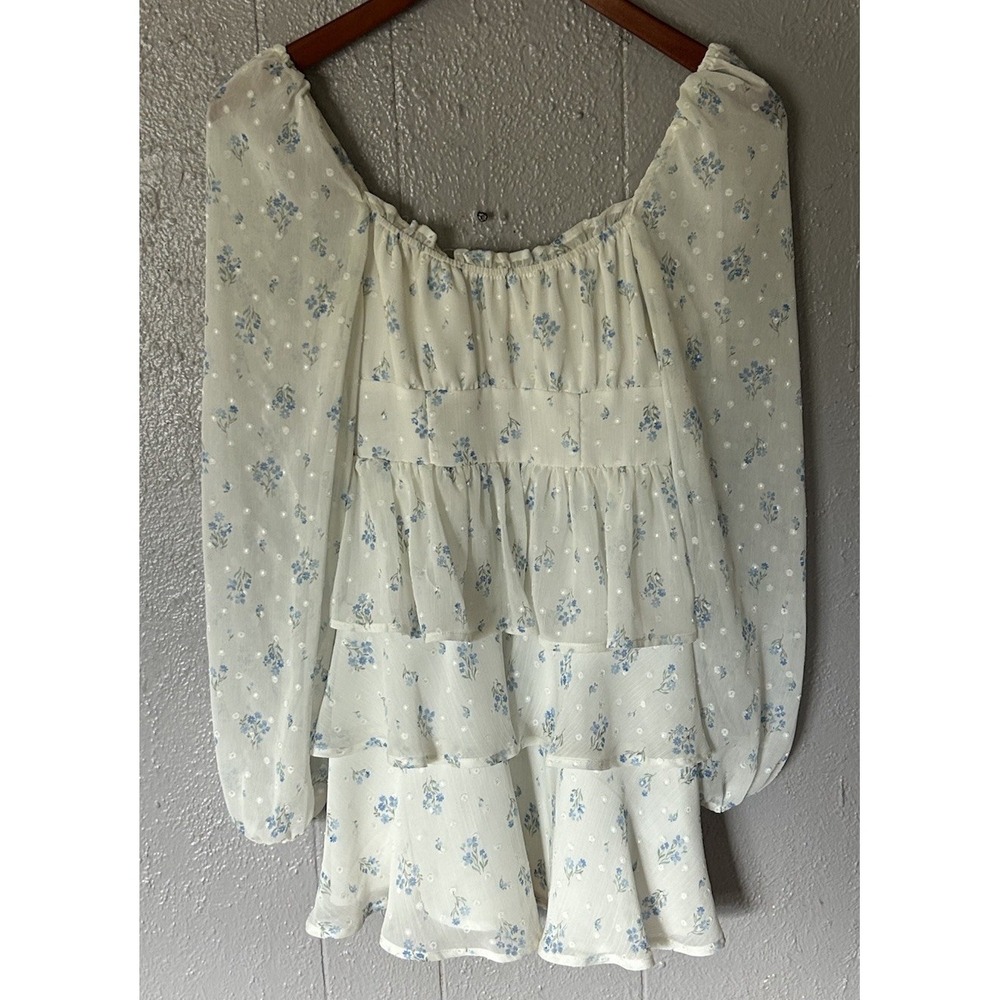 Altr'd State Tired Long Sleeve Blouse Top Size XXS White Blue Fairycore Floral